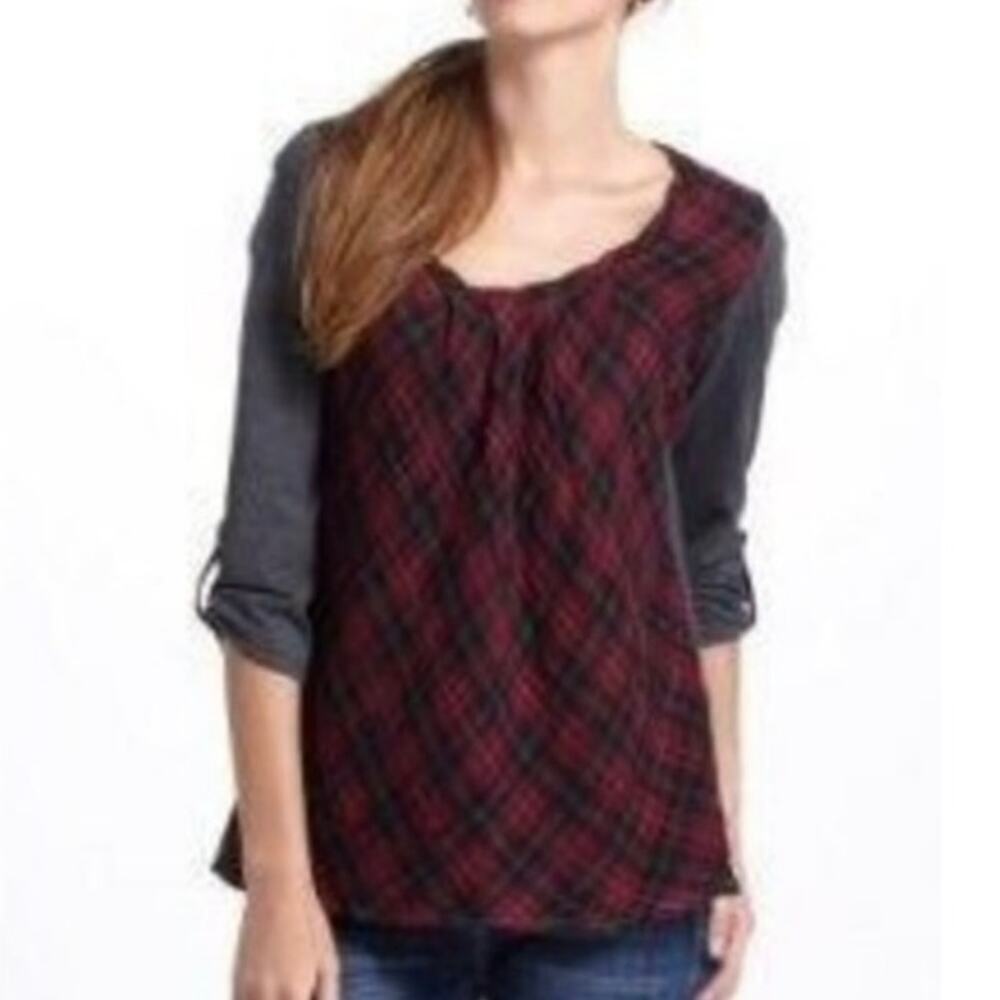 One September ANTHROPOLOGIE Red Gray Plaid Tab-Sleeve Top Grunge Dark Academia M